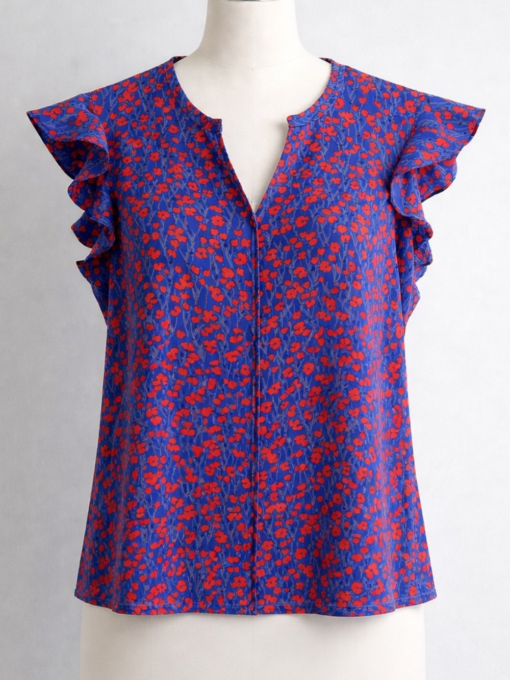 CAbi Blue Blouse with Red Floral Print and Ruffle Sleeves